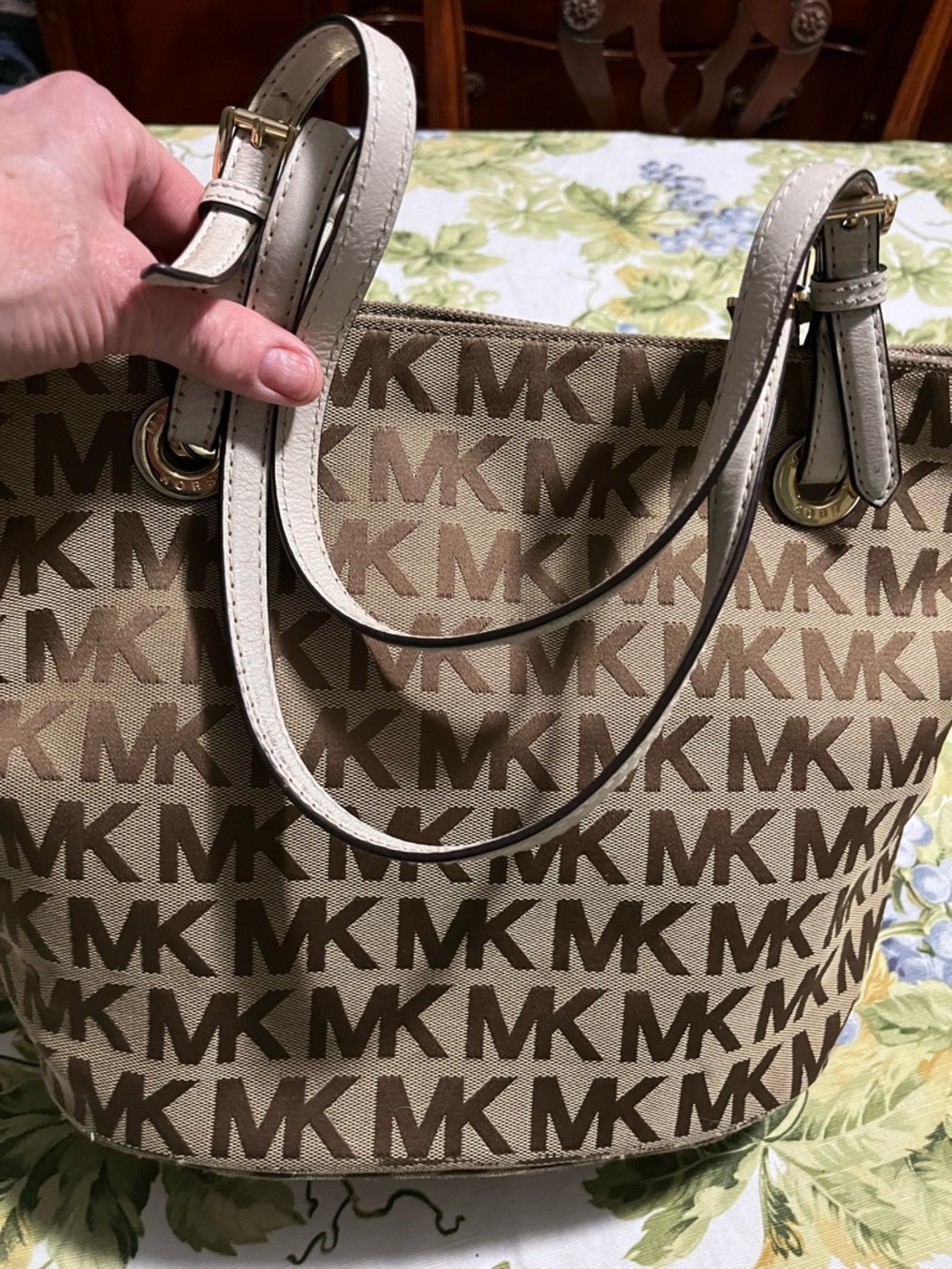 Michael Kors Beige MK Monogram Tote with Ivory Straps